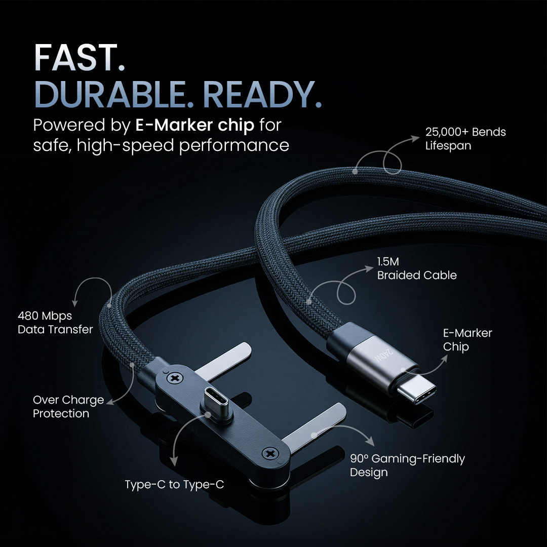 Walta Elite USB Type C Cable 1.5 m Braided 240w Cable with built in stand. 480Mbps Data Transfer Speed (Compatible with Iphone, Type-C devices, Android smartphones, Laptop, Black, One Cable)