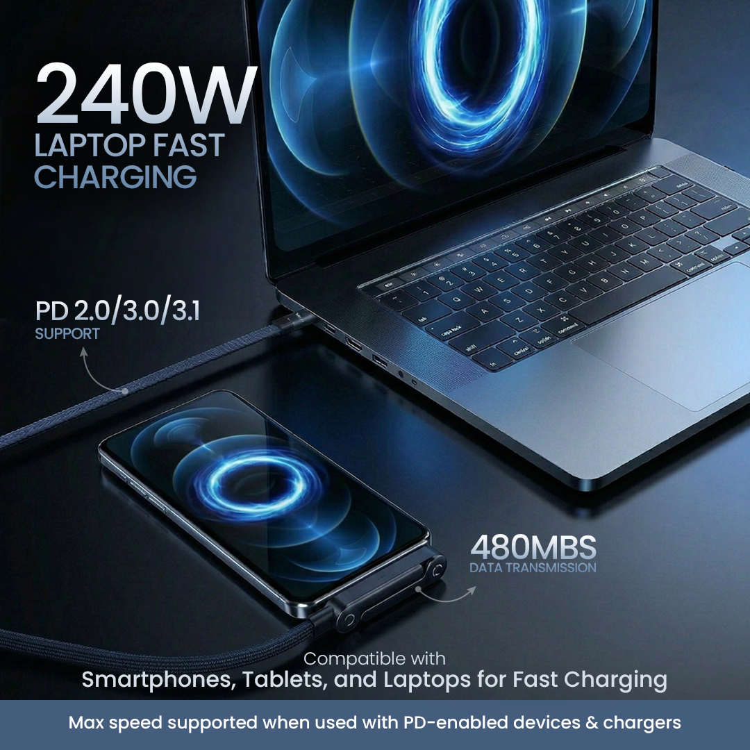 Walta Elite USB Type C Cable 1.5 m Braided 240w Cable with built in stand. 480Mbps Data Transfer Speed (Compatible with Iphone, Type-C devices, Android smartphones, Laptop, Black, One Cable)